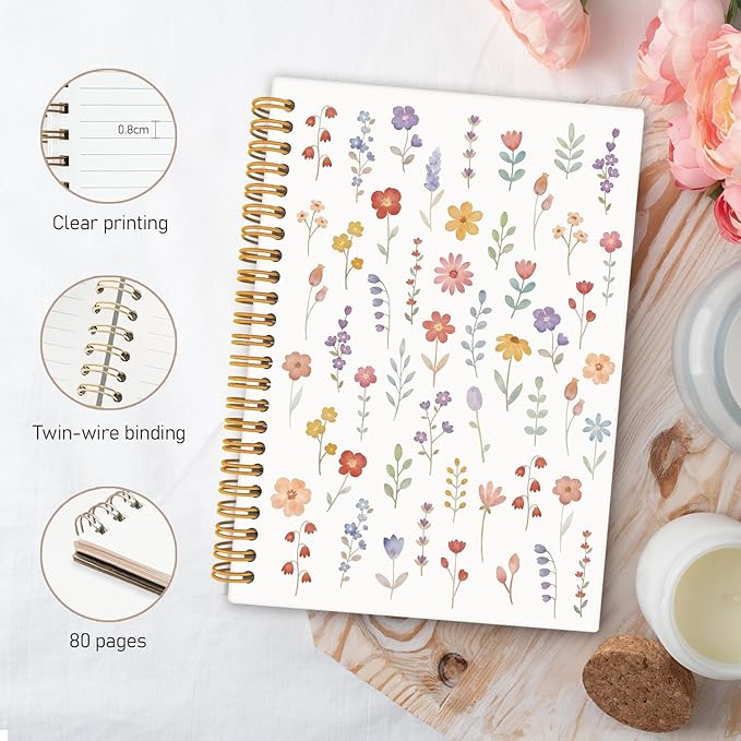 Boho Wildflower Floral Spiral Notebook Journal, Cottagecore Flower Botanical Notebooks for Note Taking, Pretty Journals for Women, Hardcover Notebook 5.5x8.3