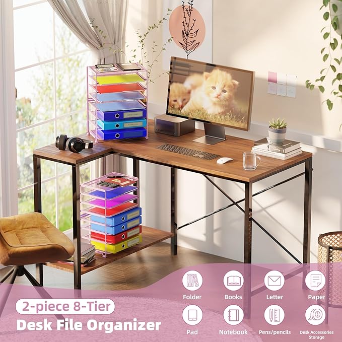 Simple Trending 2 Pack 8 Tier Letter Tray Paper - Mesh Desk File Organizer for Office School Desktop, Pink