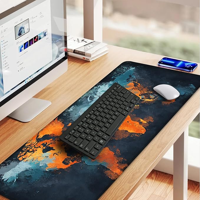 World Map Artistic Design Mouse Pad – 31.5" x 11.8" Extended Abstract Desk Mat with Bold Orange and Blue Color Palette – Large Non-Slip Surface for Office, Home, and Study