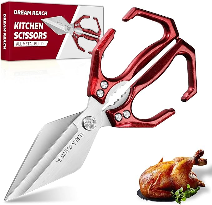 Dream Reach Poultry Shears - Heavy Duty Kitchen Scissors for Food with Ergonomic Handle, Japanese High-Carbon Steel Culinary Shears for Chicken, Meat, Seafood, Bone Cutting, Gift Box Included (Red)