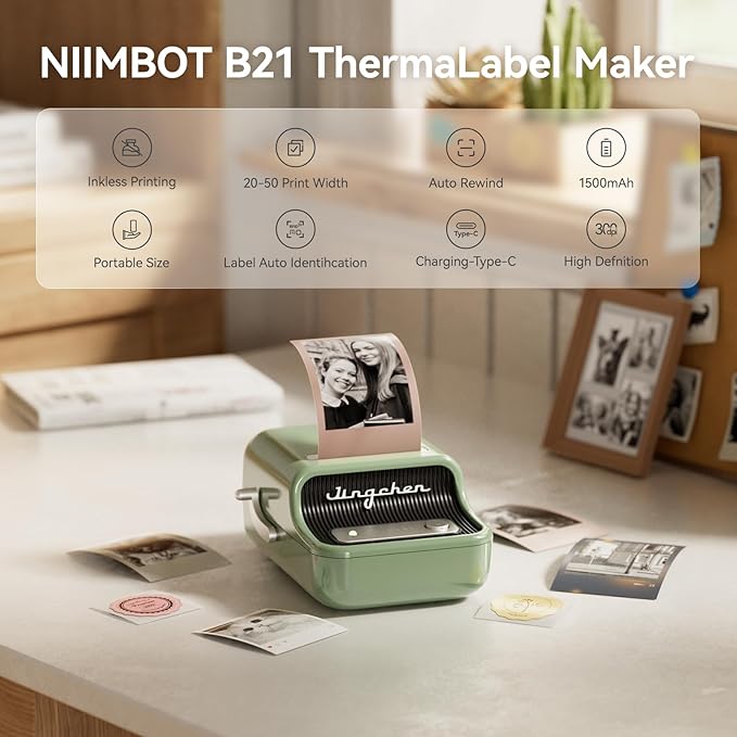 NIIMBOT B21 Pro Sticker Printer, 300DPI, Fun APP, Portable Inkless Label Printer, Bluetooth Sticker Maker for DIY Crafts, Notes, Scrapbook, Photo, Custom Labels & Gifts,Home Organization (Green)