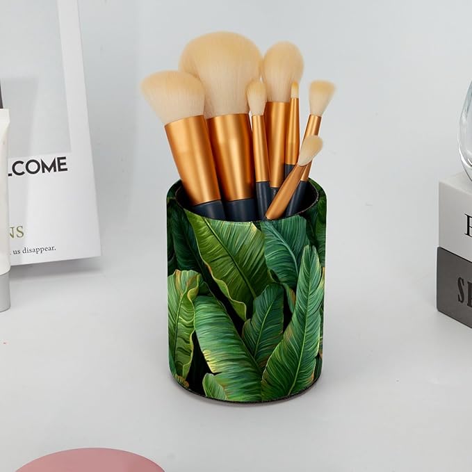 Leather Pen Holder for Desk Tropical Jungle Palm Leaves Pencil Cup Desktop Organizer Makeup Brush Holders Office Supplies for Home, Kids & School