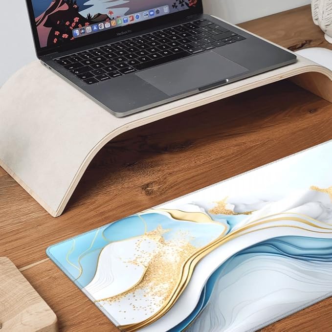 Desk Pad,Office Desk Mat 31.5"×11.8" Large Gaming Mouse Pad,Durable Extended Computer Mouse Pad,Waterproof Thick Big mouse Pads with Non-Slip Rubber Base Office Home Blue White Gold Marble