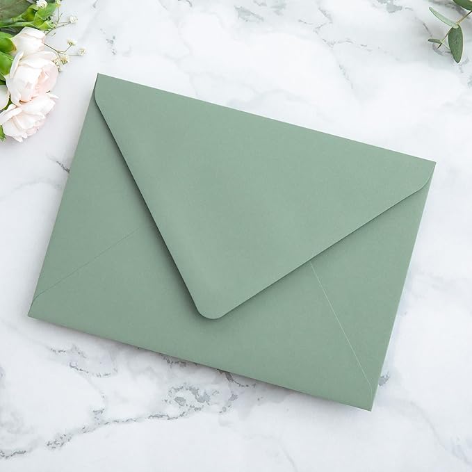 PONATIA 50PCS A7 Euro Flap Envelope, 5.25 x 7.25'' Sage Green Flowers Liner Envelopes for Wedding Invitations, Photos, Postcards, Greeting Cards, Christmas Gift, Acrylic Mailing