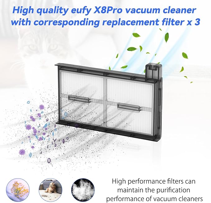 Replacement Parts for Eufy X8 Pro: Compatible with Eufy X8 Pro Series Robot Vacuum Cleaner - 1 Main Brushes,1 Brush,3 Hybrid Accessory Filters, 3 Side Brushes（8 Pcs）