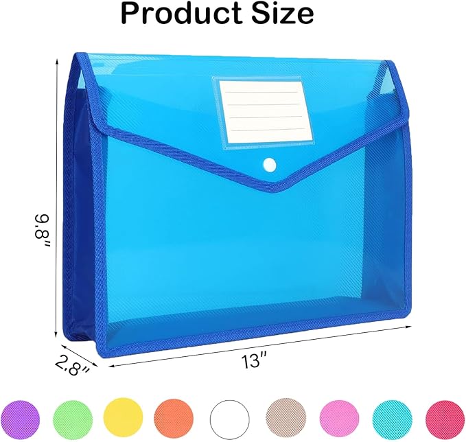 Plastic File Folder, 9 Pcs Large-Capacity Poly Envelope Expanding File Wallet Document Folder A4 Accordion File Pouch with Label Pocket and Snap Button for School Home Work Office Organization