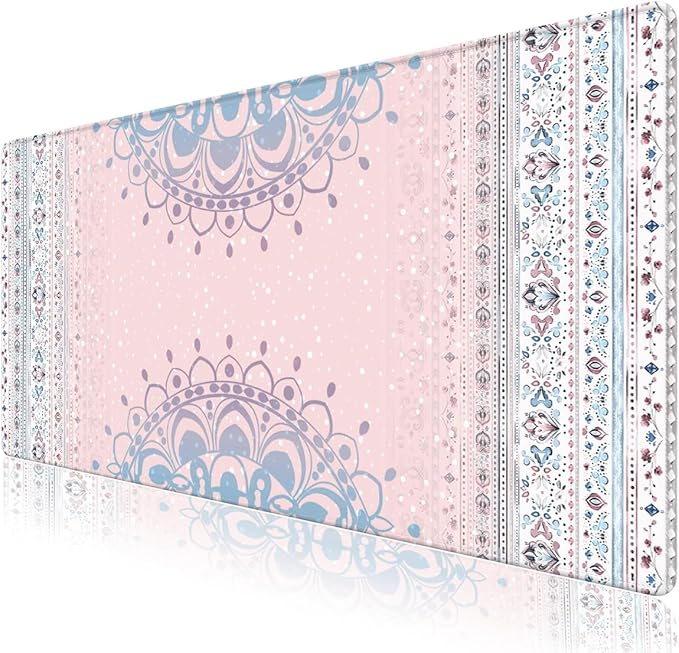 Pink Rug Desk Mat Retro, Large Desk Matt for Desktop, CuteDesk Pad Mat, XXL Big Mouse Pad, Anti-Slip Mousepad with Stitched Edges, Keyboard Pad MouseMat Cover for Computer 35.4×15.7 in