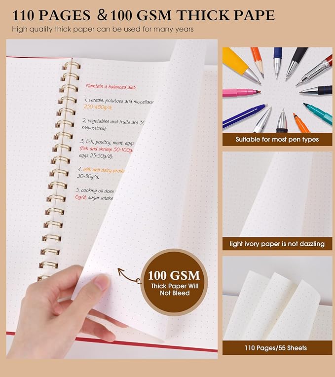 Dotted Notebook, Spiral Notebook Journal 8.5” x 11”, A4 Large Dot Grid Notebooks for Women Men, 100 GSM Dotted Paper, Plastic Hardcover Spiral Bullet Journals for Work School Sketching, Red