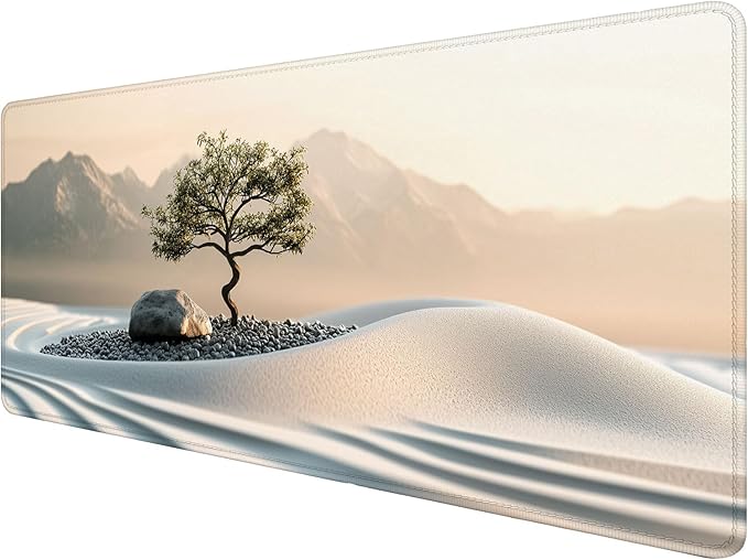 Minimalist Art Gaming Mouse Pad Desk Pad Calm Pebble Beach Zen Tree Gaming Mouse Mat with Stitched Edges,Non-Slip Waterproof Rubber Base Mouse Mat Office Computer Keyboard Laptop Home 31.5"x11.8"