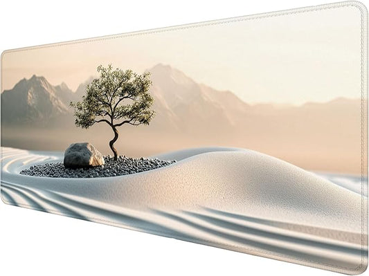Minimalist Art Gaming Mouse Pad Desk Pad Calm Pebble Beach Zen Tree Gaming Mouse Mat with Stitched Edges,Non-Slip Waterproof Rubber Base Mouse Mat Office Computer Keyboard Laptop Home 31.5"x11.8"