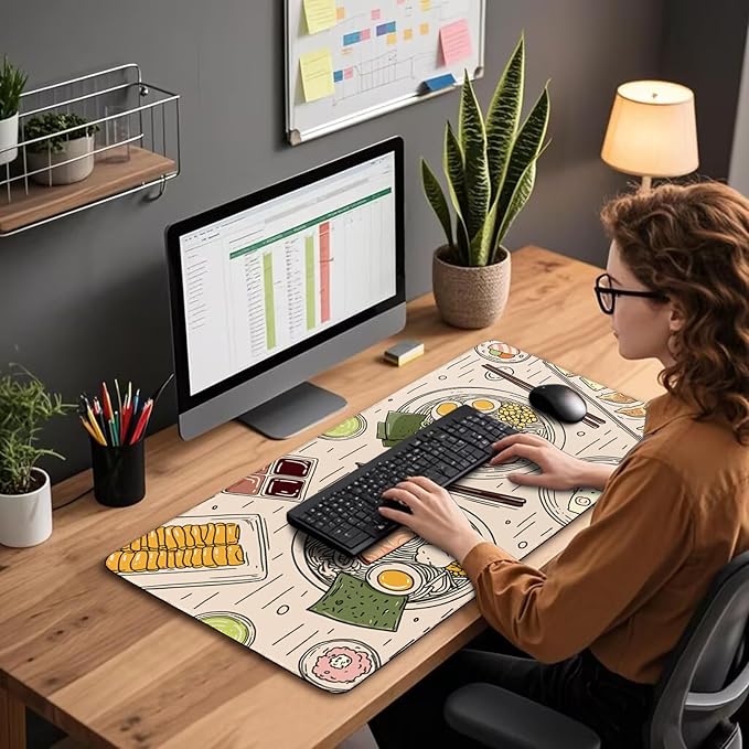 Japanese Ramen Large Gaming Mouse Pad 31.5"x15.7"｜Illustrated Food Pattern XXL Desk Mat, Non-Slip Rubber Base & Stitched Edges - Extended Waterproof Mousepad for PC/Laptop/Office/Home Decor