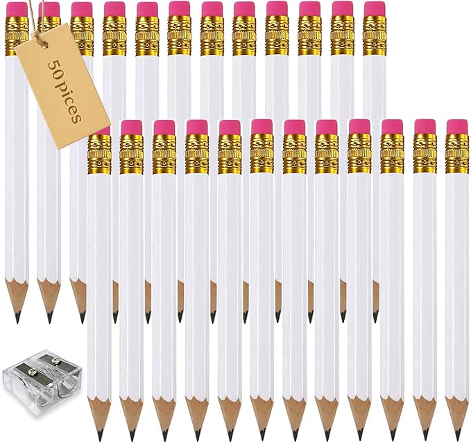 Adhere 50pcs Golf Pencils with eraser Hexagon Wooden Pencils Graphite 2B for Golf Event Scoring,Classroom,Wedding,Company Meetings,Pew, Pocket (z-White・Hexagon・50pcs)