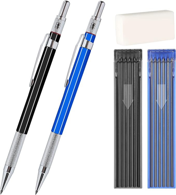 2mm Mechanical Pencil Set, 2 Pieces Artist Carpenter Drafting Pencils 2.0 mm with 2 Tube Lead Refill (HB, 2B), Art Lead Holder Metal Marker for Draft Drawing, Writing, Art Sketching