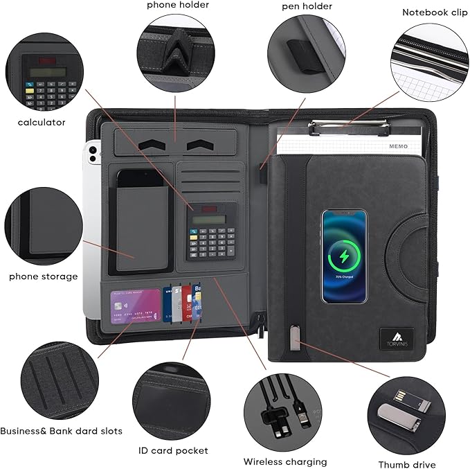 Premium Leather Padfolio with Zipper,Business Folder,Smartest Protective 10.1 Inch Tablet Sleeve,8000mAh Power Bank,Wired Charging,Presentation Slot,Solar Calculator, Card Storage, Writing Pad