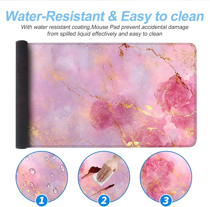 Elegant Pink Rose and Gold Marble Mouse Pad – 31.5" x 11.8" Extended Desk Mat with Abstract Floral Design – Luxurious Non-Slip Surface for Office & Home Decor