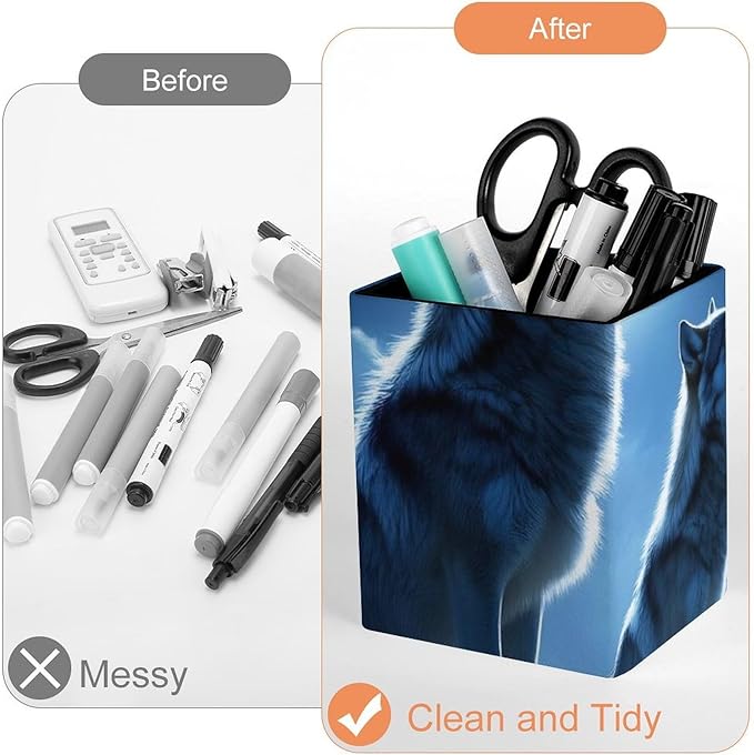 Pen Holder Stand For Desk, Pencil Pen Holder Cup, Desktop Stationery Organizer, Waterproof Multifunctional Office Supplies Wolves Howling Full Moon