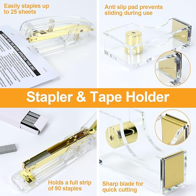 Buqoo Gold Acrylic Sticky Note Holder with 5 Pack Sticky Notes, Stapler and Tape Dispenser Cutter with Staple Remover, Scissor, Ballpoint Pen, Sticky Notes, Paper Clips, File Tray
