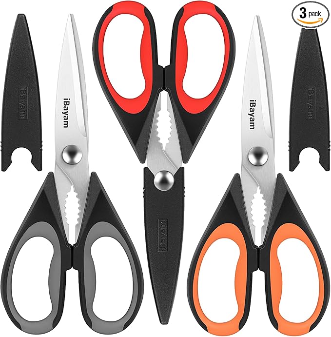 3-Pack 8.5"Kitchen Scissors All Purpose Heavy Duty with Protective Sheath, Soft Grip Comfort Handle, Dishwasher Safe Kitchen Utensils Gadgets Set, Stainless Cooking Meat Poultry Food Shears