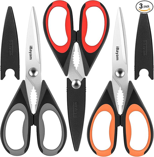 3-Pack 8.5"Kitchen Scissors All Purpose Heavy Duty with Protective Sheath, Soft Grip Comfort Handle, Dishwasher Safe Kitchen Utensils Gadgets Set, Stainless Cooking Meat Poultry Food Shears