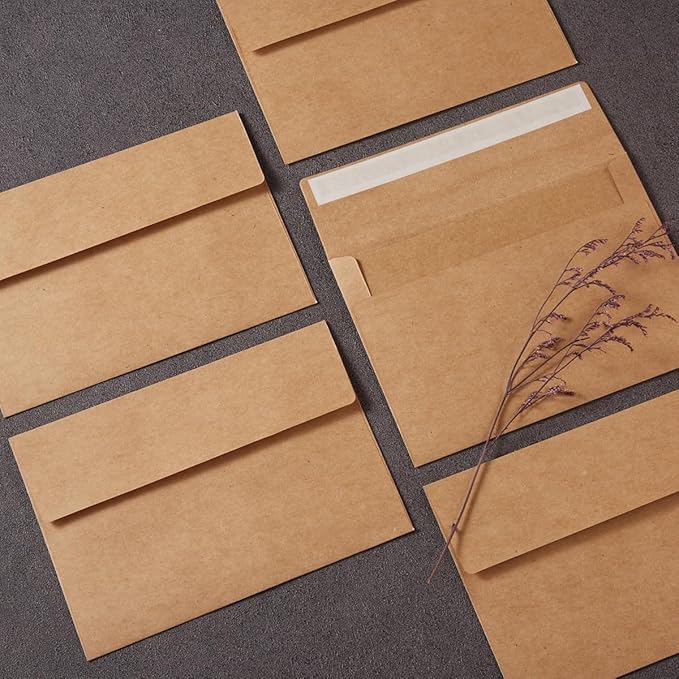 Wishop 50 Pack Self-Adhesive Envelopes with Fold Cards for Wedding Invitations, Greeting Cards, Baby Shower, Letter Mailing (Brown, 4x6)