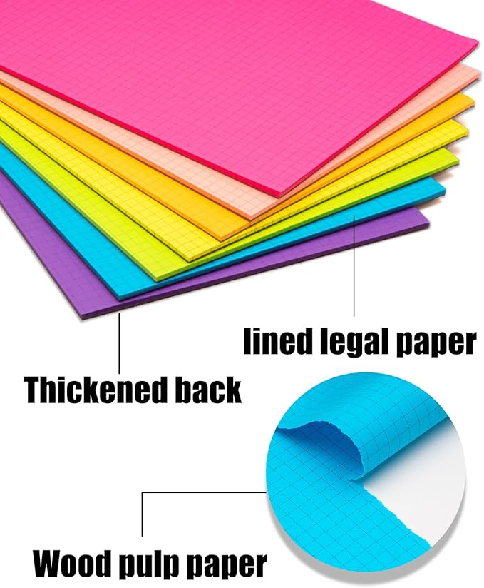 Colored Graph Paper Pad 8.5 x 11 Inches 7 Pack,30 Sheets Grid Notebook 4x4 Graph Ruled 7 Colors High Brightness Neon Pads Easy Tears Off 75 GSM/19 LB Paper for School,College,Office,Business