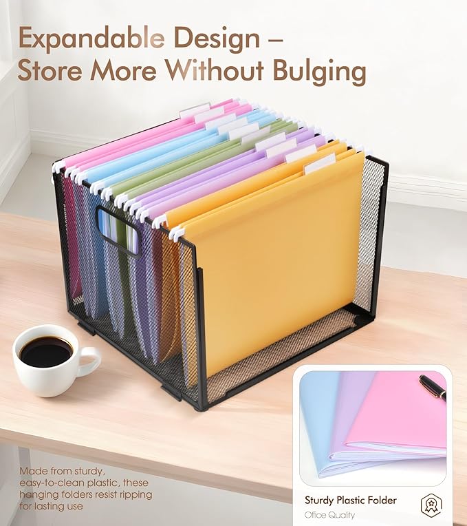 Plastic Hanging File Folders, 15 Pack Letter Size – Waterproof, Tear-Resistant, Pastel Colors with Expandable Bottom & 1/5-Cut Tabs for Filing Cabinets & Office Organization(A)