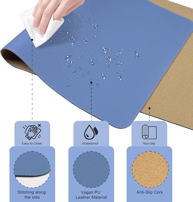 Large PU Leather Desk Pad Protector, Non-Slip Computer Mat, 55'' x 17'' Office Mat for Home & Office, Laptop Blotter Pad for Mouse and Keyboard, Lake Blue