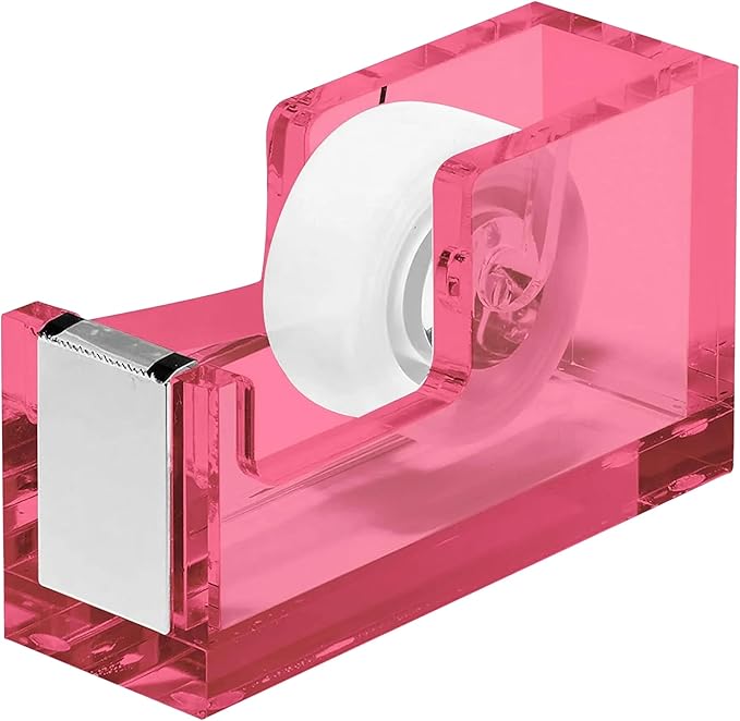 OfficeGoods Acrylic Tape Dispenser – Modern Desk Organizer for Office Supplies – Heavy Duty Refillable Tape Holder for Home and School Crafting – Stylish Desktop Accessory for Gift Wrapping, Pink