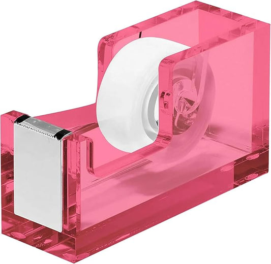 OfficeGoods Acrylic Tape Dispenser – Modern Desk Organizer for Office Supplies – Heavy Duty Refillable Tape Holder for Home and School Crafting – Stylish Desktop Accessory for Gift Wrapping, Pink