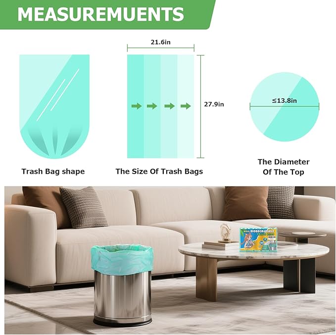 Biodegradable Medium Trash Bags 8 Gallon - Compostable Clear Green Garbage Bags Unscented 100 Count Strong Thick Waste Basket Can Liners for Home Office Bedroom Heihaily