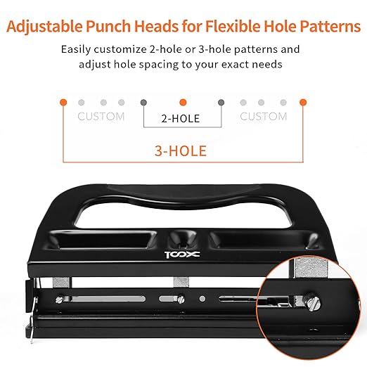 XOOL 3 Hole Punch, Heavy Duty Metal Hole Puncher for 2 or 3 Holes, 9/32" 7mm Hole Diameter, 40-Sheet Capacity, Adjustable Hole Spacing, Non-Slip Base for Office & School