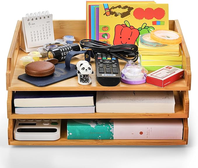 Okllen 3 Pack Stackable Paper Trays, Bamboo Desk Letter Tray Set, 3 Tier File Document Organizer Tray for A4 Paper, Magazine, Receipts, Office Supplies