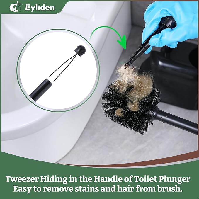 Eyliden 2 Pack Toilet Plunger & Brush Set, Upgrade 3-Step Suction Cup - Ultra-Tight Seal, Durable, Space-Saving Toilet Deep Cleaning Combo with Holder, Bathroom Essentials (2 Pack, Black)