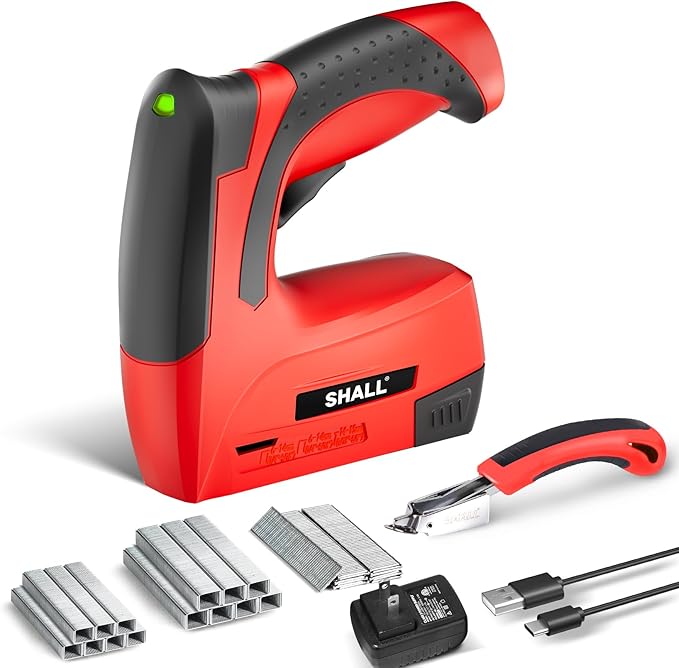 SHALL Electric Staple Gun, 3 in 1 Cordless Upholstery Stapler Nail Gun for Wood, 4V Rechargeable Brad Nailer Kit w/ 2500 Staples Nails, Staple Remover & Fast Charger for Crafts, DIY, Decoration