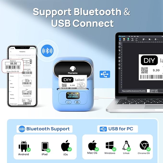 Phomemo Label Maker with 3 Labels- M110 Portable Bluetooth Label Maker Machine for Small Business, Barcode, Address, Logo, Clothing, Jerwery, Compatible with iOS & Android, Blue