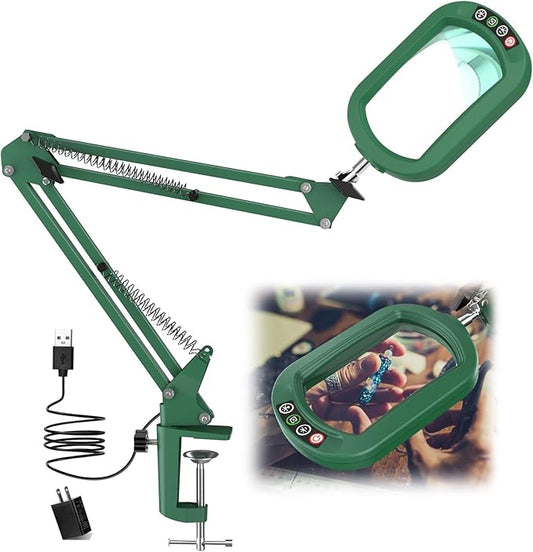 10X Rectangle Magnifying Glass with Light, 5 Color Modes Stepless Dimmable Magnifier with Stand, LED Lighted Clamp Desk Lamp with Swing Arm, Hands Free for Reading Painting Close Work - Green