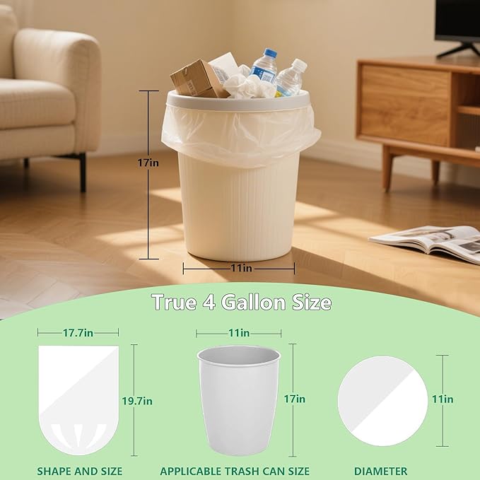 TECHSHARE 4 Gallon Small Trash Bags - 220 Count White HDPE Garbage Can Liners for Bathroom, Kitchen, Office - Strong Plastic Waste Basket Bags, Extra Value Bulk Pack for Everyday Use