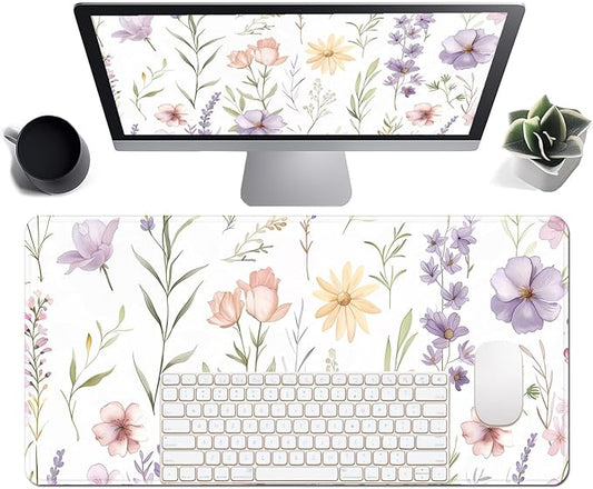 Floral Large Mousepad 31.5 x 15.7 inch, Waterproof Desk Mat Gaming Mouse Pad, Aesthetic Flowers Desktop Mat, Laptop Pad, Computer Writing Mat for Home Office (Purple Pink White A, XX-Large)