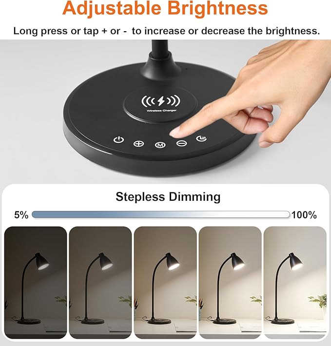BOHON Desk Lamp for Home Office, LED Desk Light with USB C+A Charging Ports, Wireless Charger, 5 Colors Stepless Dimming Reading Light Timer, Touch Bedside Table Lamp for College Dorm Room Black