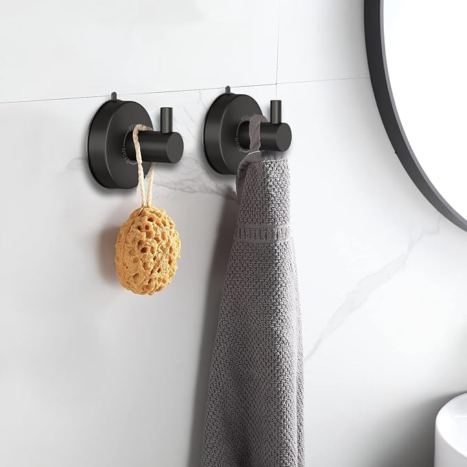 DGYB Suction Cup Hooks for Shower Black Bathroom Hooks Suction Set of 2 Removable Wall Hook for Hanging Towels, Robe, Loofah, Coats