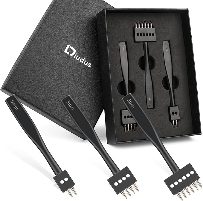 Leather Hole Punch, Prong Punch, Black Hole Punch Tool 5mm, 2/4/6 Lacing Stitching Punch, Round Hole Prong Stitching Chisel Set Leather Working Tools for Leathercraft