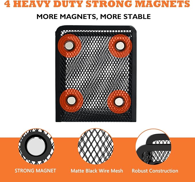 Magnetic Pencil Holder - Extra Strong Magnets Mesh Marker Holder Perfect for Whiteboard, Refrigerator and Locker Accessories (1 Basket, 2 Packs Black)
