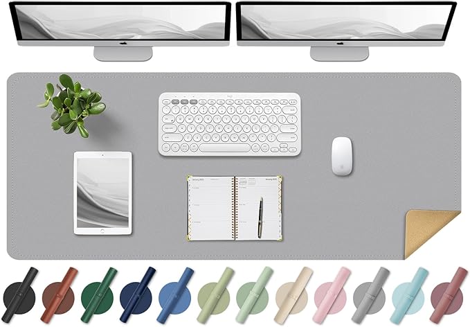 BLESWIN Large Desk Pad Mat 47.2"" x 17"", Office Desk Mat, Non-Slip PU Leather & Cork Desk Blotter for Keyboard and Mouse, Large Desk Mat, Large Mouse Pad for Office & Home(Light Grey)
