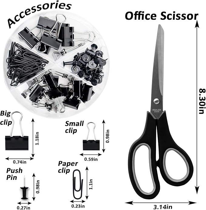 Black Desk Accessories, Rotating Pen Holder Set,Black Office Supplies with Stapler and Tape Dispenser Set, Gifts for Office Clerks,Student