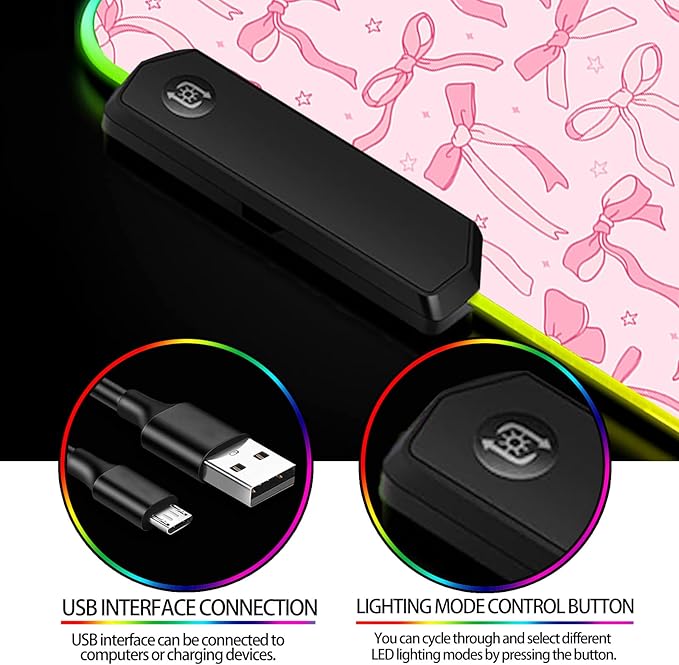 RGB Pretty Bow Girly Gaming Desk Mat, Computer Keyboard Large Extended Long LED Mouse Pad for Office and Home, XL (W24)