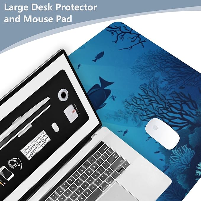 Mouse Pad Desk Mat Leather Desk Pad Large Gaming Desk Cover Protector Mat for Keyboard Computer Laptop Office Waterproof 47.2 x 23.6 Inch Sharks Coral Reef Tropical Blue