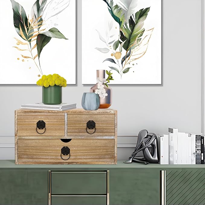 Washed White Wood Desk Organizer, Mini Desktop Organizer with Drawers, Tabletop Storage Organization for Home Office Supplies Vanity, No Assembly Required (3 Drawer)