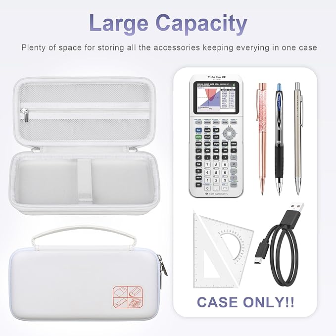 BOVKE Hard Travel Case for Texas Instruments TI-84 Plus CE/TI-84 Plus/TI-83 Plus CE/TI-83 Plus/Casio fx-9750GIII Graphing Calculator, Mesh Pocket for USB Cables, Manual, Pens, Accessories, White