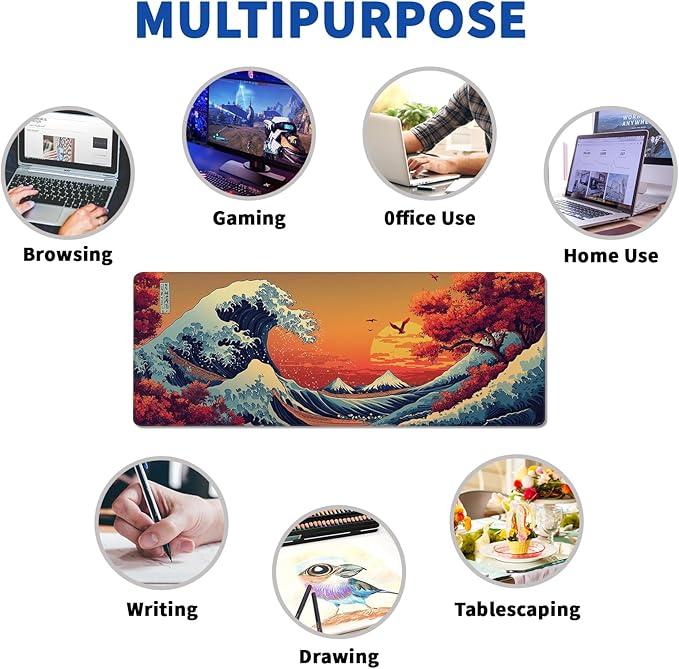 Japanese Gaming Mouse Pad Abstract Red Mouse Pad 31.5x11.8 Inch Red Sea Wave Texture Non-Slip Rubber Base Large Ocean Mousepad Stitched Edges Keyboard Mouse Mat Desk Pad for Office and Home