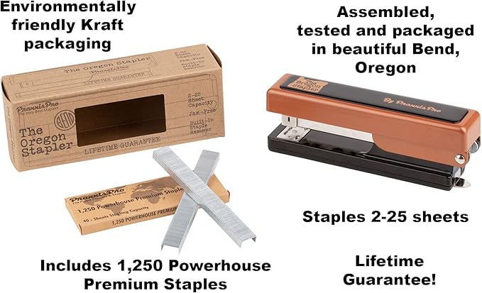 The Oregon Stapler, Built in USA, Built-in Staple Remover, Staples 2 to 25 Sheets, includes Box of 1,250 "Powerhouse" Standard 26/6 Staples, for Home, School or Office, Copper/Black